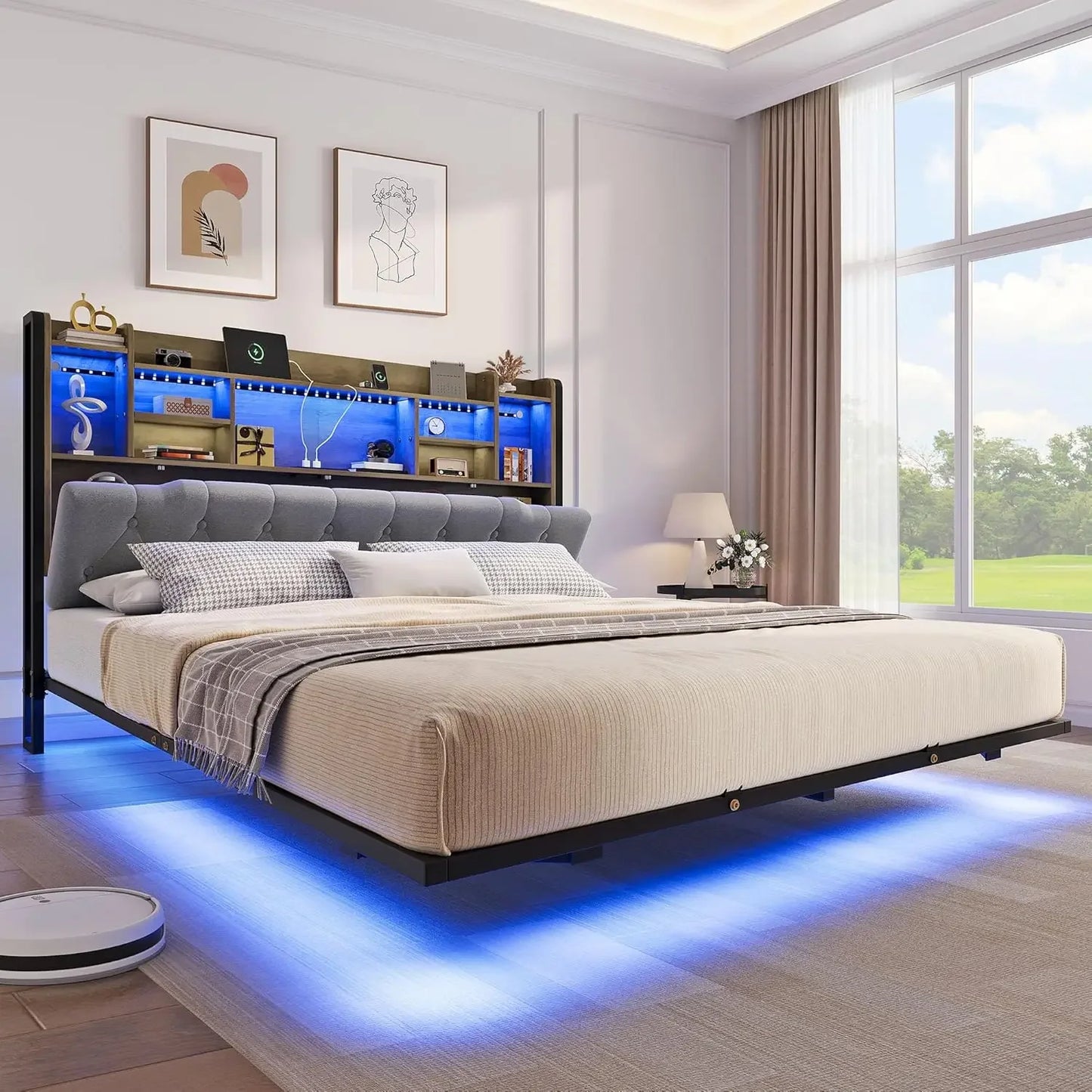 LED King Size Floating Bed Frame with Headboard Storage and Charging Station, Upholstered Platform, No Box Spring Needed