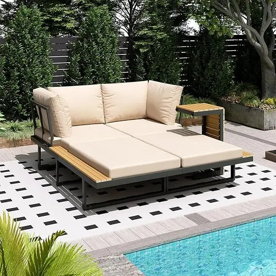 Metal Patio Furniture Set, Convertible Outdoor Daybed with Coffee Table, 3 Piece Modern Sectional Conversation Sofa Couch, Beig