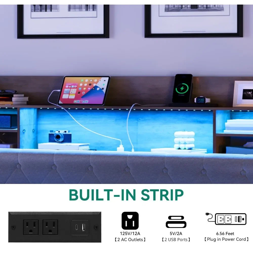 LED King Size Floating Bed Frame with Headboard Storage and Charging Station, Upholstered Platform, No Box Spring Needed