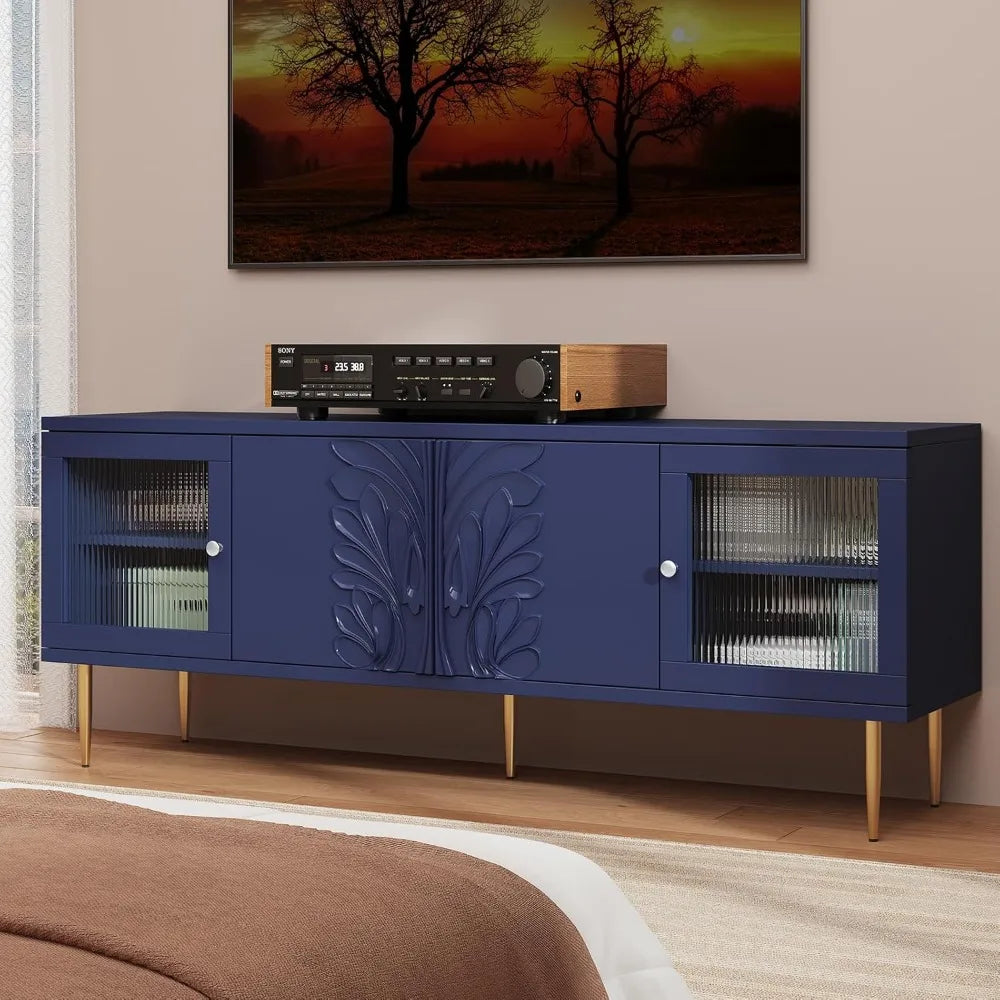 TV Stand for TVs up to 75 Inches, Mid Century Modern Entertainment Center with 3D Flower Pattern, Wood Media Console