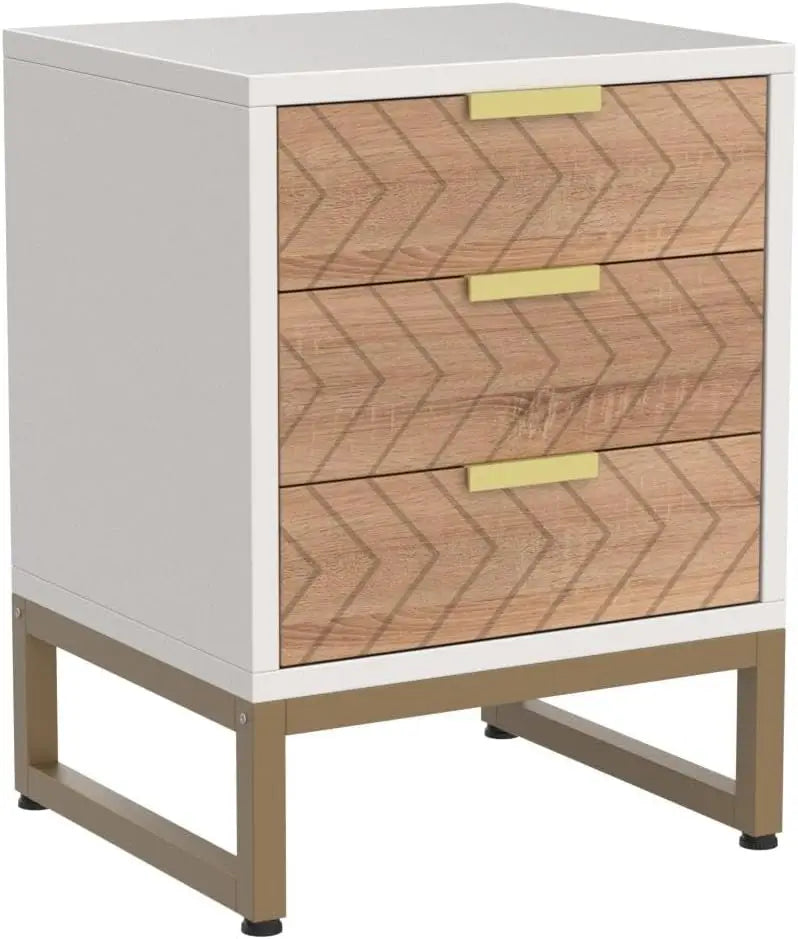 Nightstand Set of 2, Modern 3 Drawers Bedside Table with Unique Zig Zag Design, White Gold Side End Table Set of 2 for Bedroom