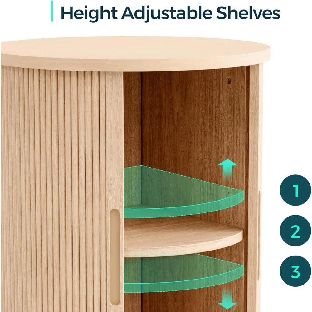 Round Fluted End Table, Tall Side Table with Sliding Tambour Door and Storage Shelf, Modern Bedside Table, Mid-Century Nightsta