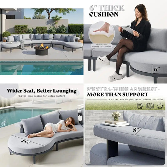 10 Seats Aluminum Patio Furniture Set, Outdoor Sectional Sofa with 6" Cushions, Modular Curved Conversation Set, All-Weather Fur