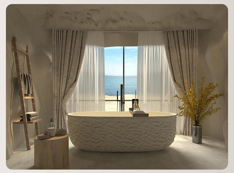 "Luxury Wabi Sabi Stone Texture Bathtub -Handmade One-Piece Artificial Rock Freestanding Tub, Artistic Bath for Home & B&B"