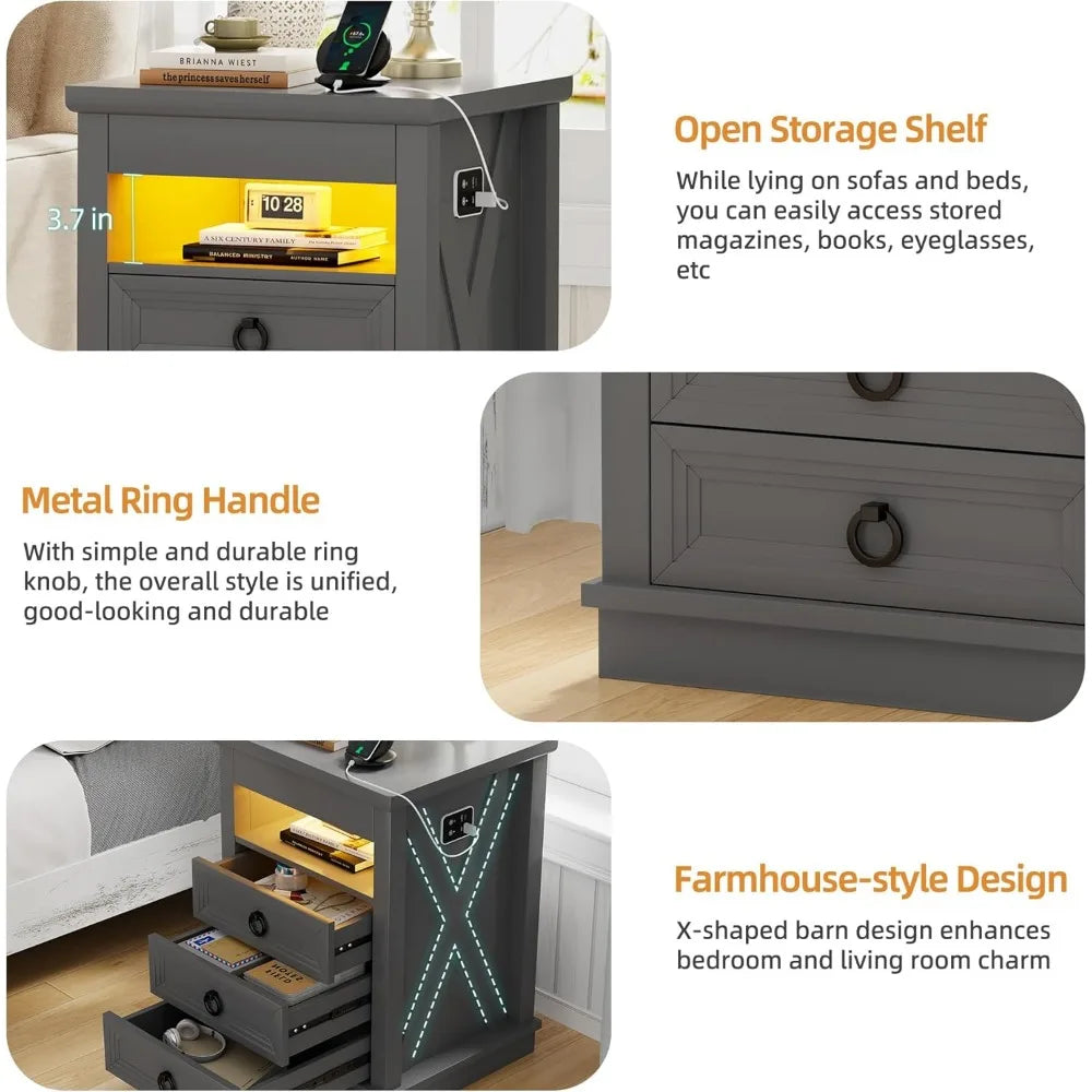 Lockable Gun Drawer Nightstand, 3-Color Dimmable LED End Table with Charging Port, Bedside Table with Human Sensor