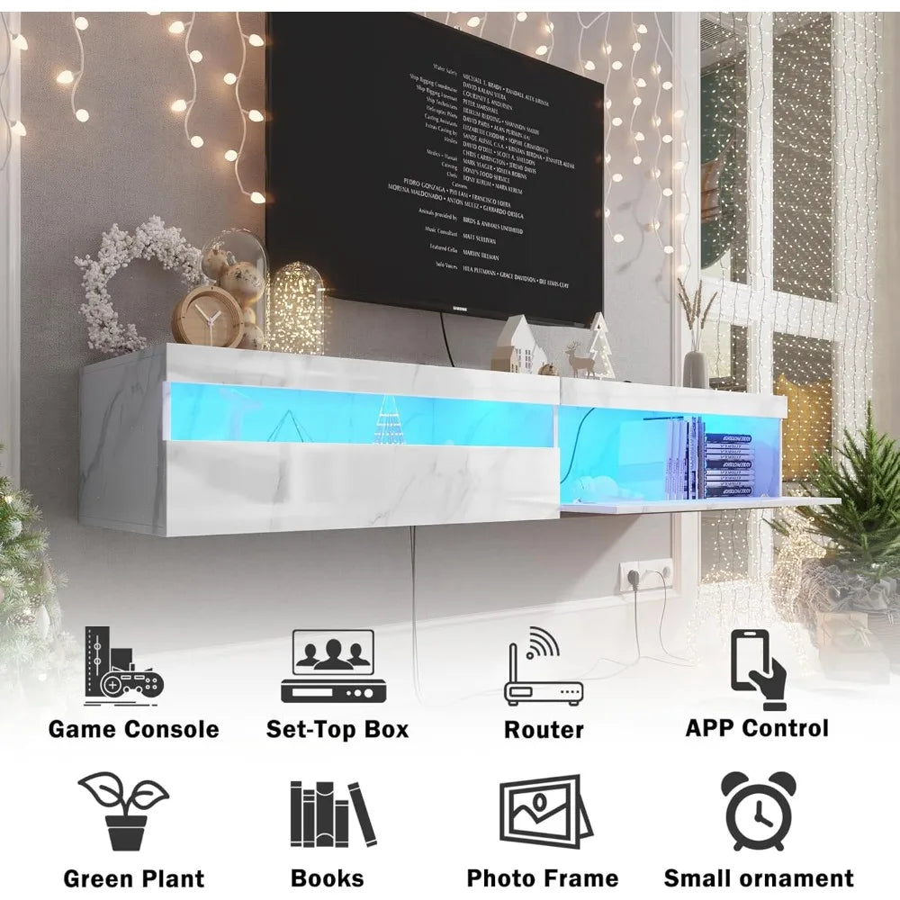 Floating Tv Stand With Led Lights, 71 Inch Wall Mounted Tv Shelf With Power Outlet, Modern Entertainment Center Media Console Wi