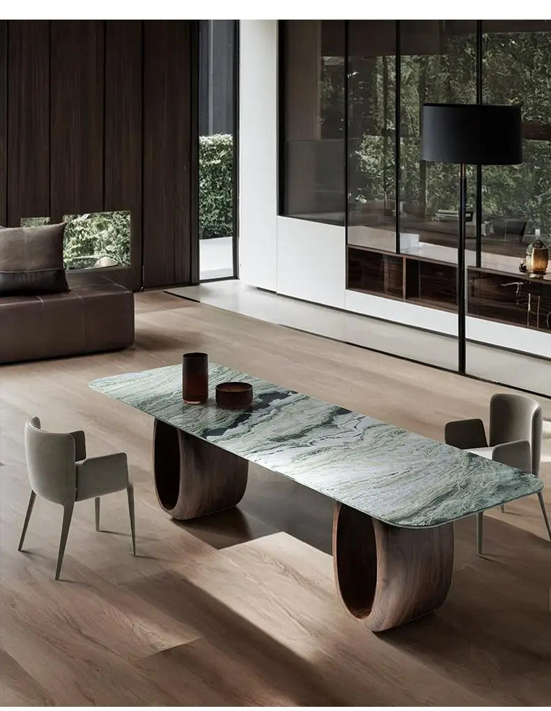 Luxury Natural Marble Dining Table, Rectangle Italian Modern Design with Walnut Wood, Customizable Designer Table for Villa