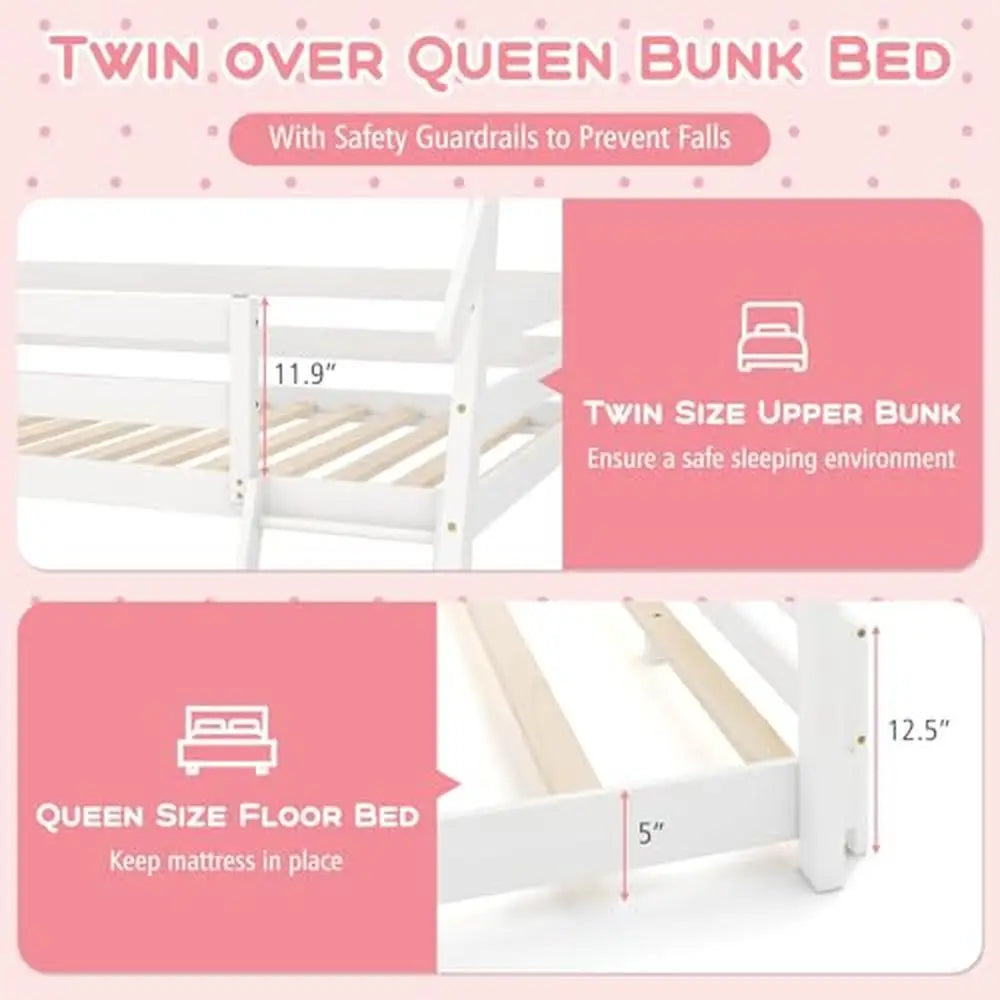 House-Shaped Twin Over Queen Bunk Bed with Climbing Nets and Ramp Creative Design Kids Space-saving Wooden Bed Safety Guardrail