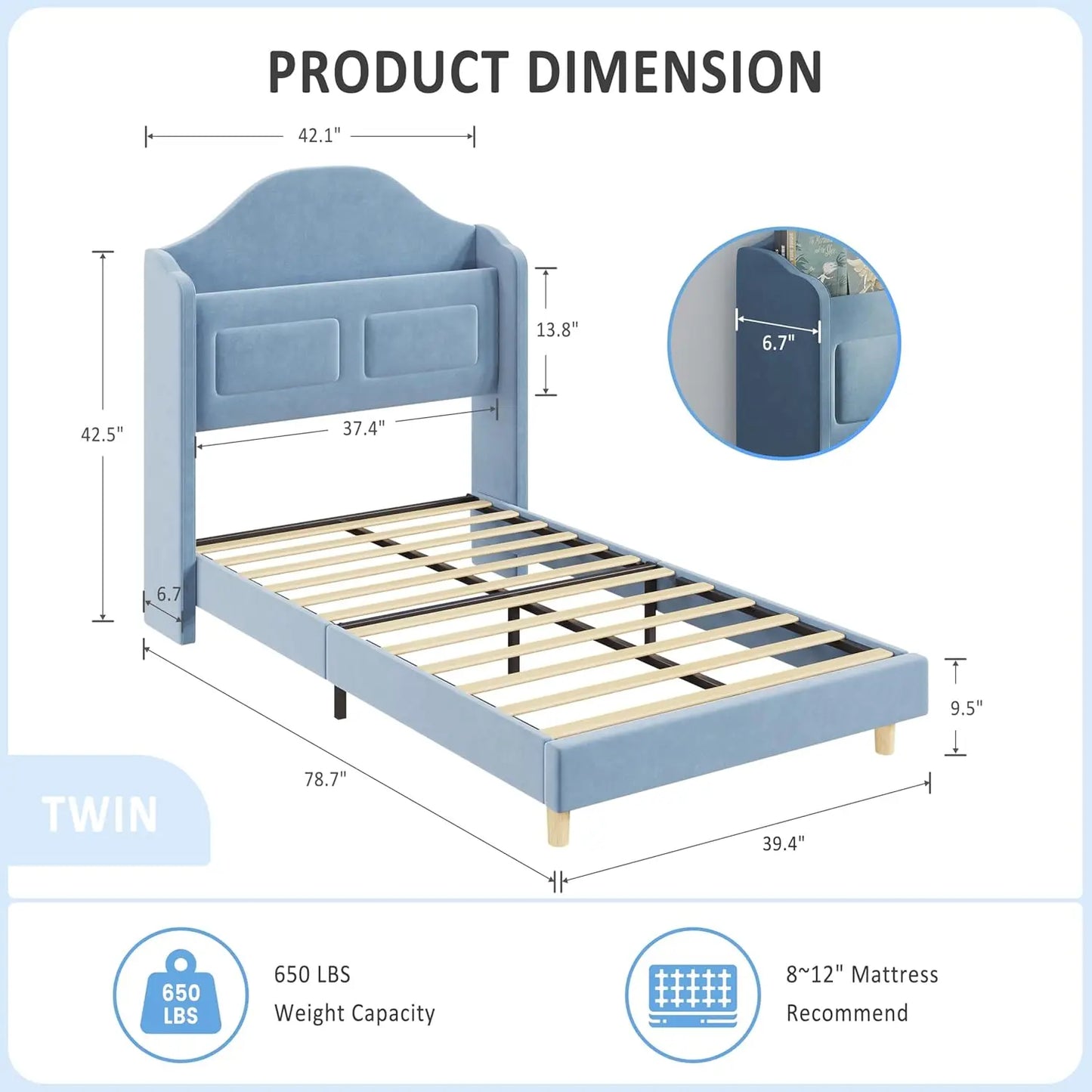 Upholstered Twin Bed Frame with LED Lights, Velvet Platform Bed Frame with Wing Back Storage Headboard, Wood Slats Support, No B