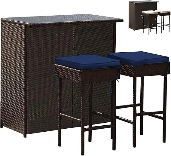 3 Piece Patio Bar Set, Outdoor Rattan Bar Table and 2 Stools with Tempered Glass Tabletop, 2-Tier Storage, Removable Cushions,