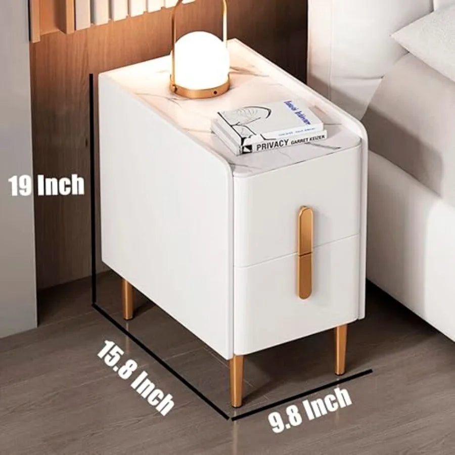 Modern rrow Nightstand Slim Skinny White Nightstand with 2 Drawers for Bedroom Small End Bedside Table Textured Faux Leather Ma