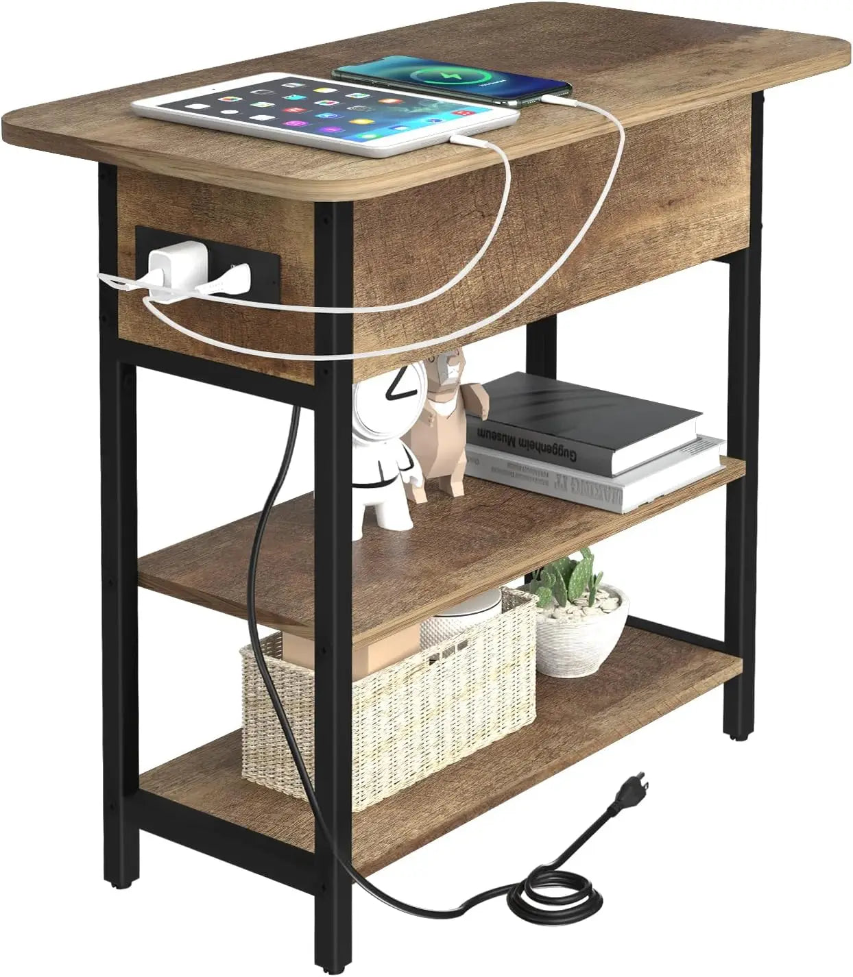 End Table w/Charging Station, Flip Top Side Table with USB Ports and Outlets, Narrow Nightstand with Storage Shelves,nightstands