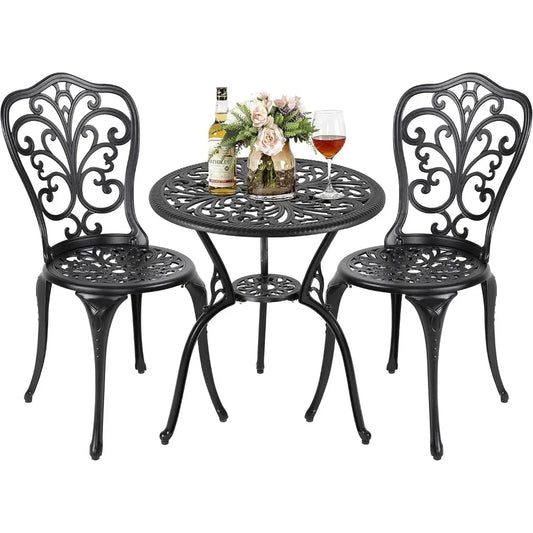 3 Piece Outdoor Bistro Table Set, All Weather Cast Aluminum Patio Bistro Sets Patio Table and Chairs Set of 2 with Umbrella Hole