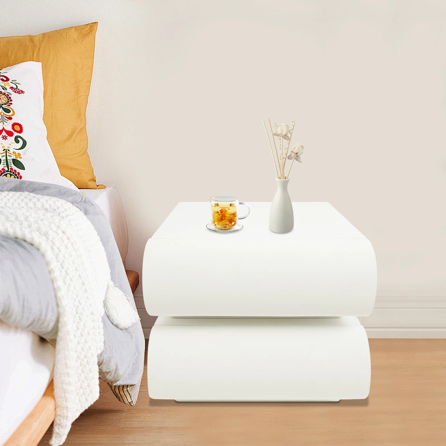 Modern Creamy White Nightstand Bedside Table End Table With 2 Drawers For Study, Bedroom, And Living Room