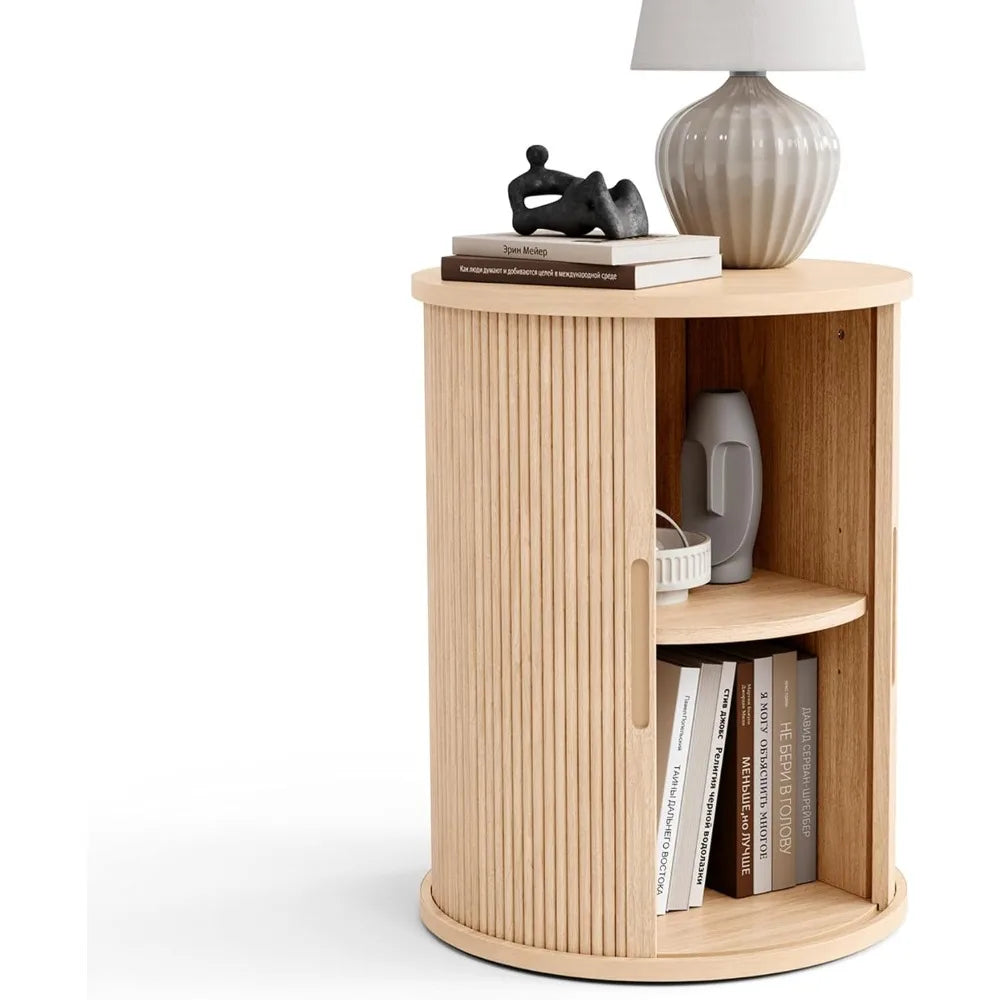Round Fluted End Table, Tall Side Table with Sliding Tambour Door and Storage Shelf, Modern Bedside Table, Mid-Century Nightsta