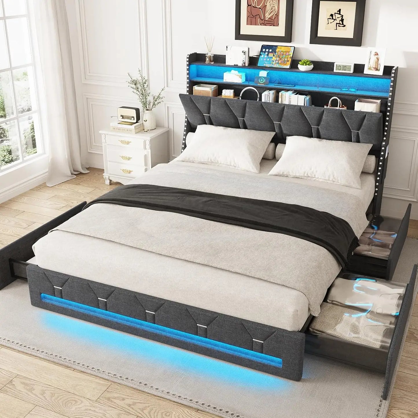 Vabches Queen Size Bed Frame with Headboard&4 Dustproof Storage Drawer Upholstered Platform Bed Frame with Power Strip&LED Light