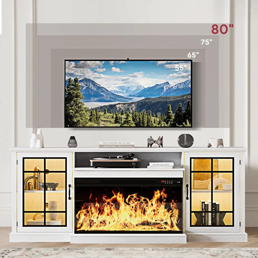 70'' Fireplace TV Stand, Farmhouse Entertainment Center with 3 Sided Glass TV Stand, Modern Media Console Table with Storage