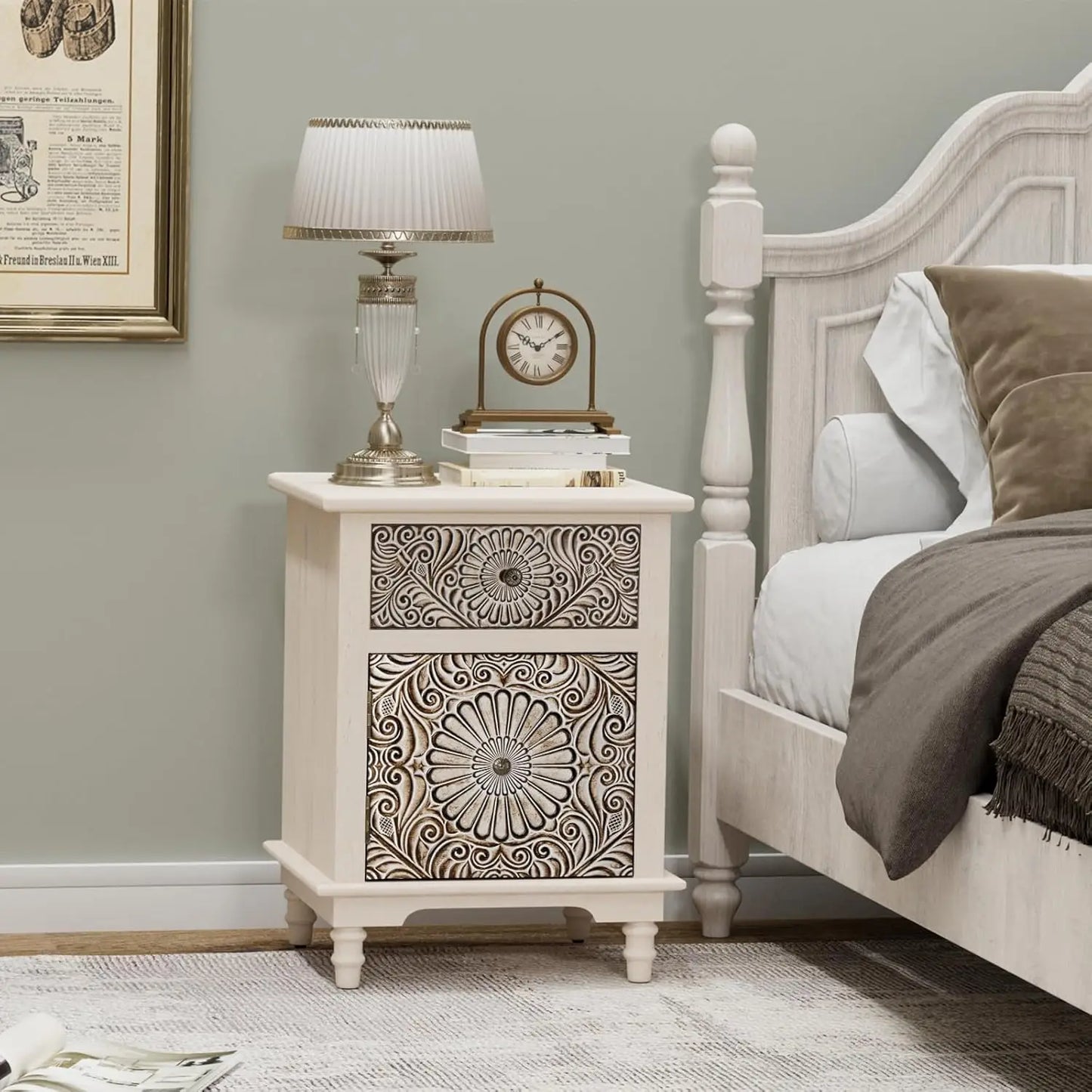 Nightstand, 14" D x 18" W x 21.5" H MDF End Table with 2 Drawers, Vintage Style Wood Bedside Table, Bedroom Accessories for Home
