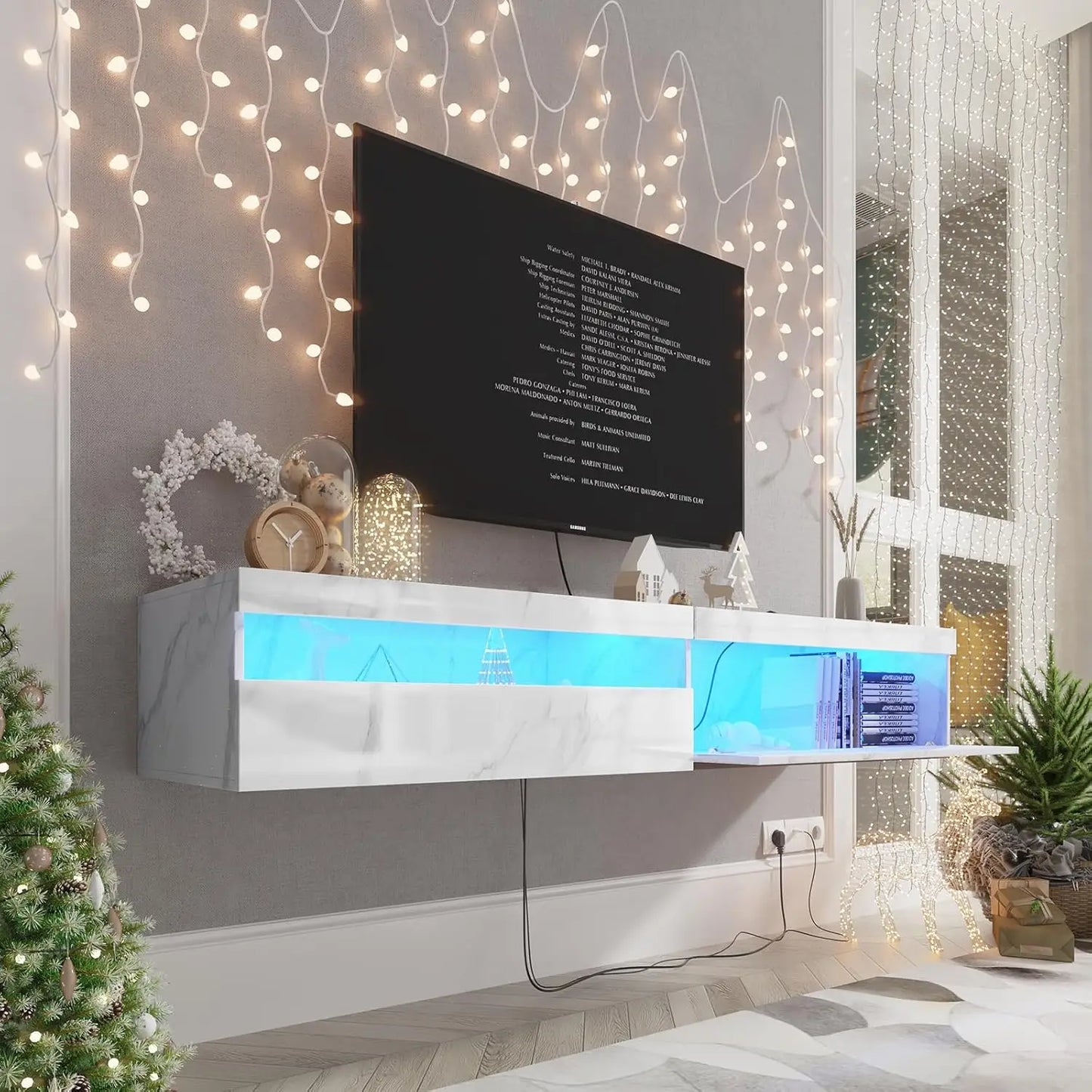 Floating Tv Stand With Led Lights, 71 Inch Wall Mounted Tv Shelf With Power Outlet, Modern Entertainment Center Media Console Wi