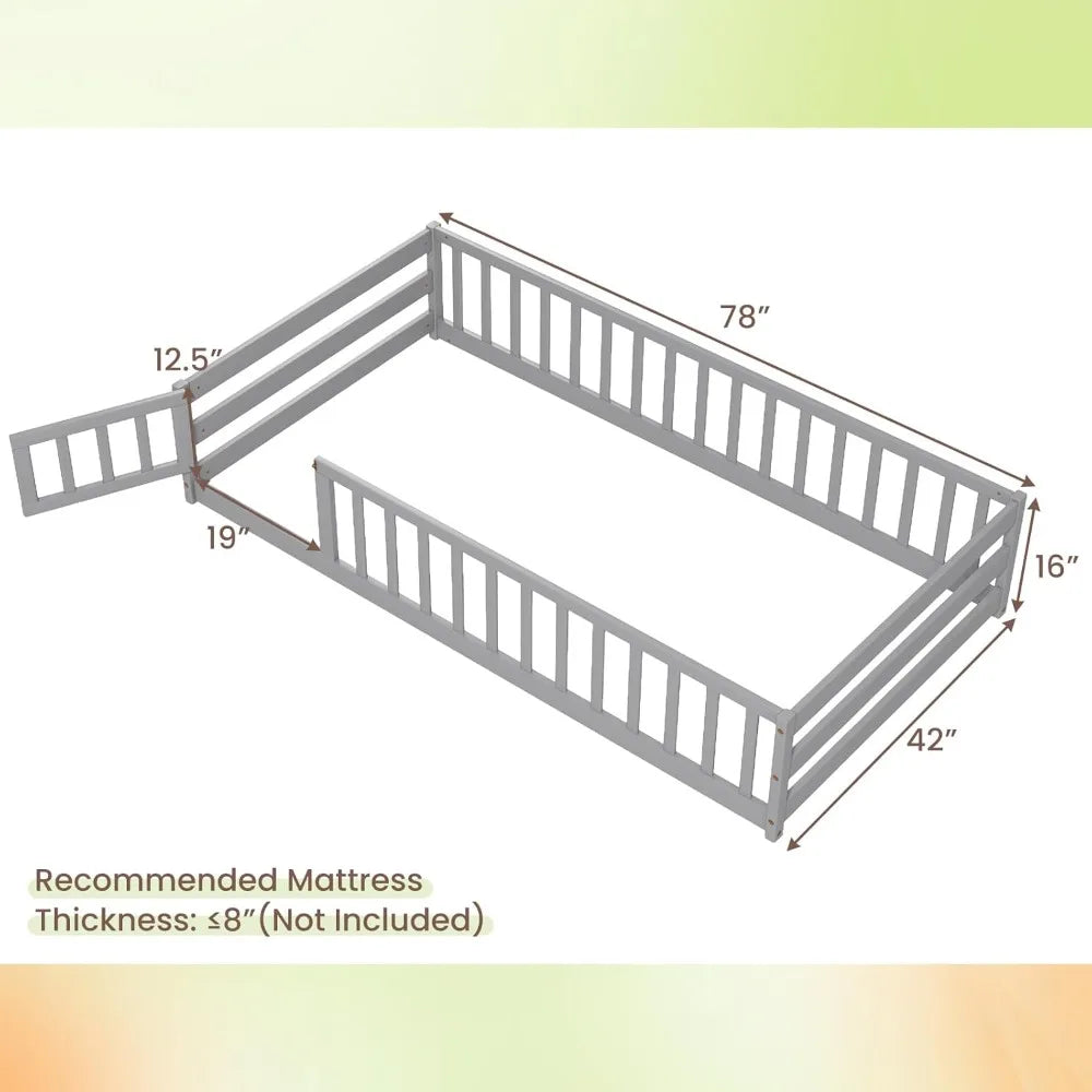 Giantex Twin Floor Bed with Door & Fence, Kids Wood Montessori Bed with Safety Guardrails, Floor Bed Frame for Kids, Boys, Girls