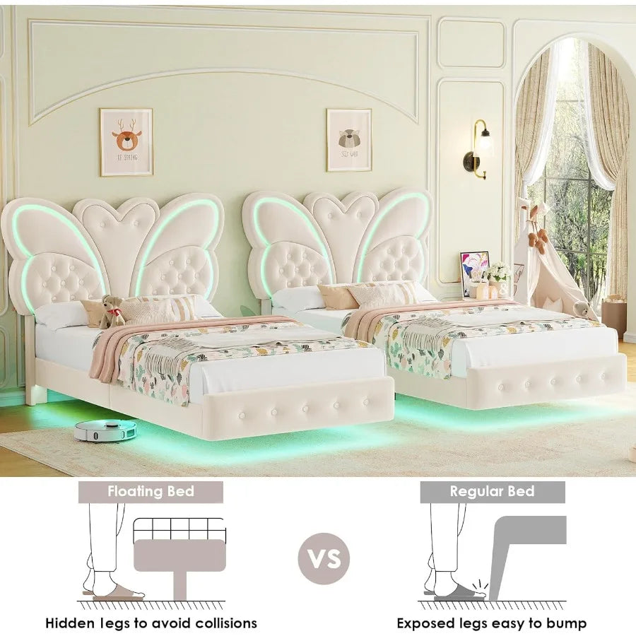 Twin Bed Frame ButterflyPattern Upholstered Headboard Modern Floating Bed with LED Lights Button Tufted on Headboard and Footbo