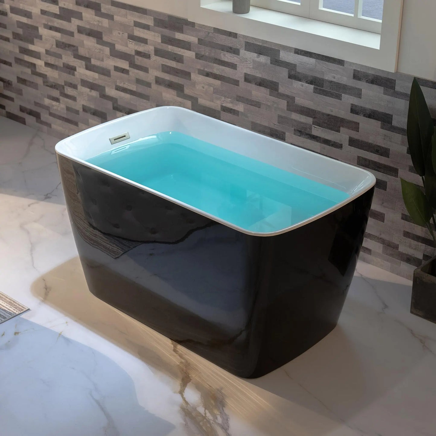 49'' Acrylic Freestanding Soaking Bathtub, Square-shape Japanese Soaking Hot Tub, Sit-In Design with Chrome Overflow