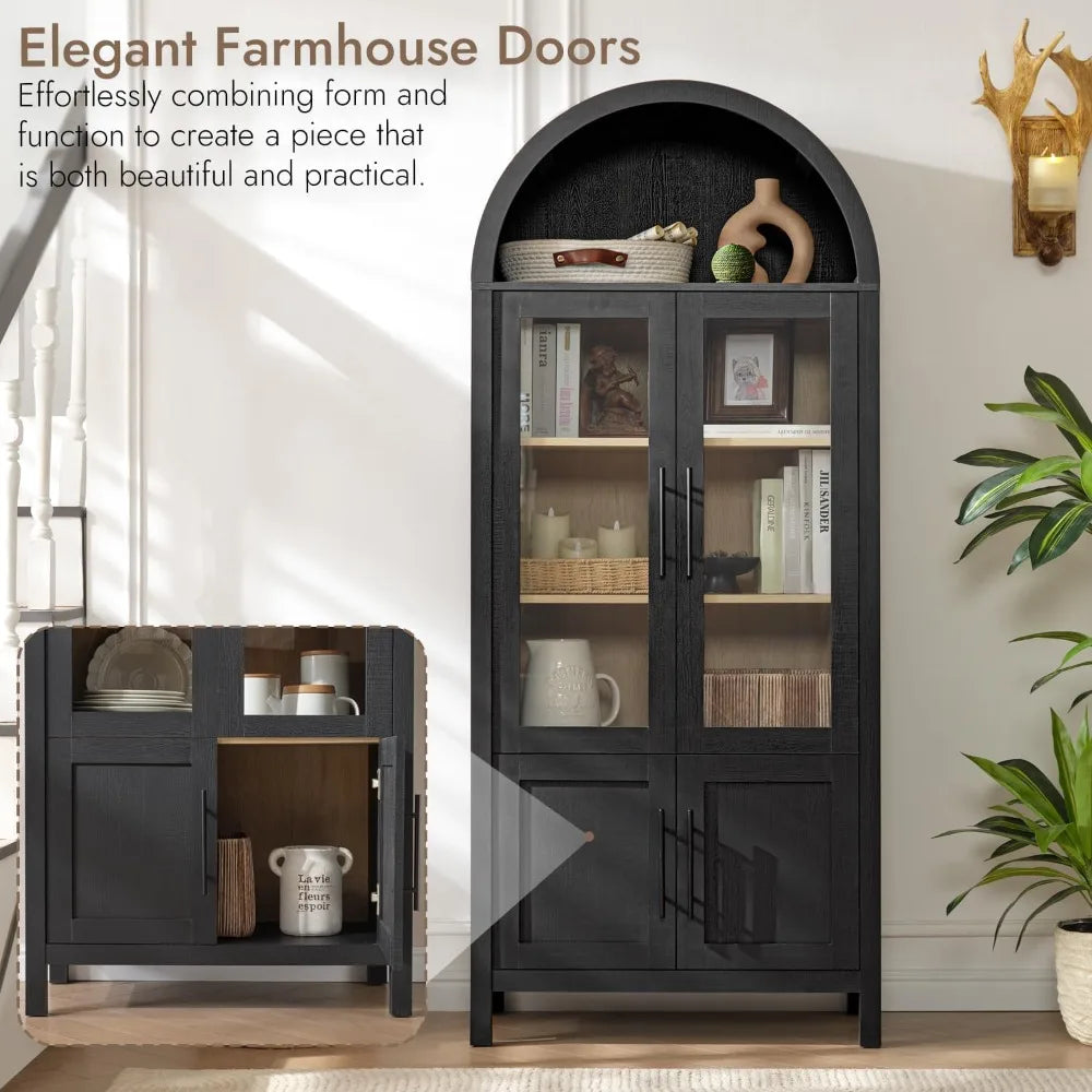 71" Arched Bookcase (5-Tier) - Farmhouse Style w/ Glass Doors, for Living Room/Office/Kitchen