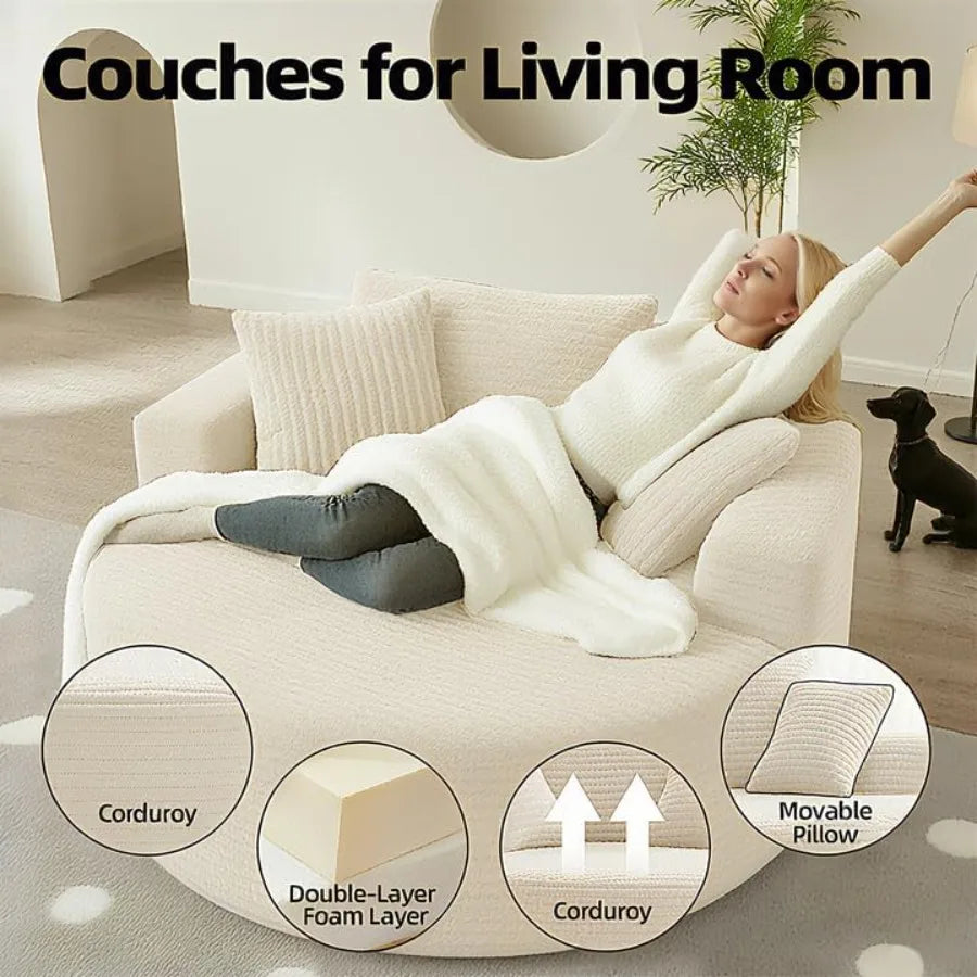 55 Oversized Round Chair Lounge Chaise IndoorCorduroy Circle Chair S Sofa Couch Bed Fluffy Modern S Boneless Sofa for Reading N