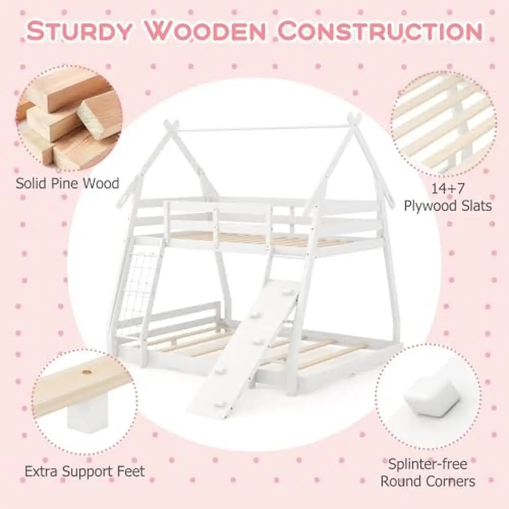 House-Shaped Twin Over Queen Bunk Bed with Climbing Nets and Ramp Creative Design Kids Space-saving Wooden Bed Safety Guardrail
