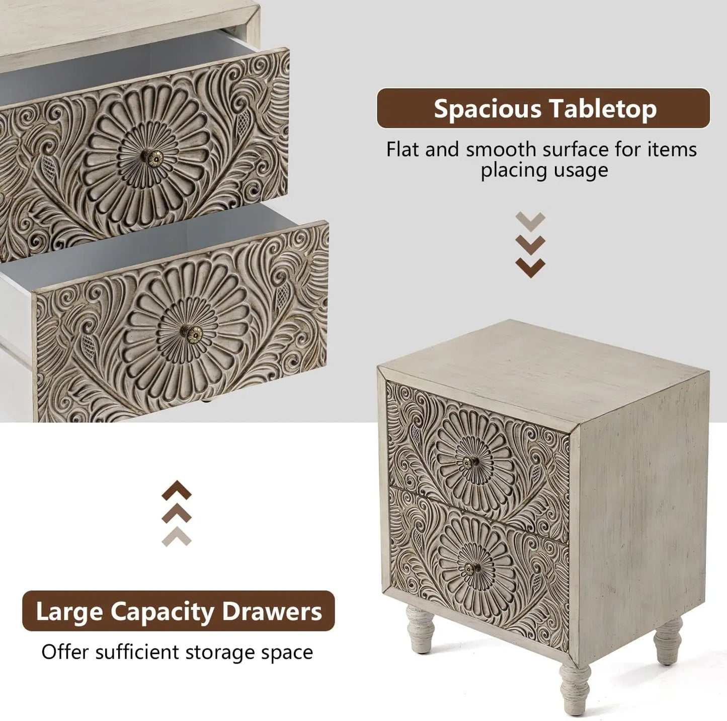 Nightstand, 14" D x 18" W x 21.5" H MDF End Table with 2 Drawers, Vintage Style Wood Bedside Table, Bedroom Accessories for Home