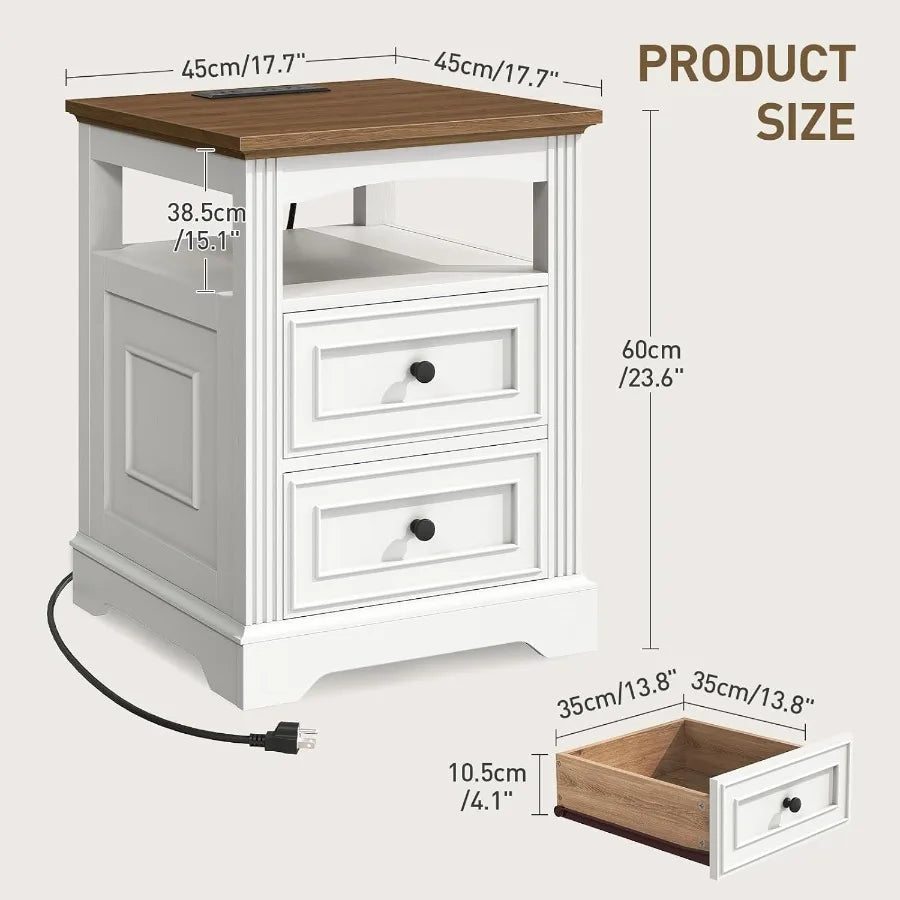 Large farmhousestyle end table with integrated charging station featuring drawers and open shelf for enhanced storage ideal for