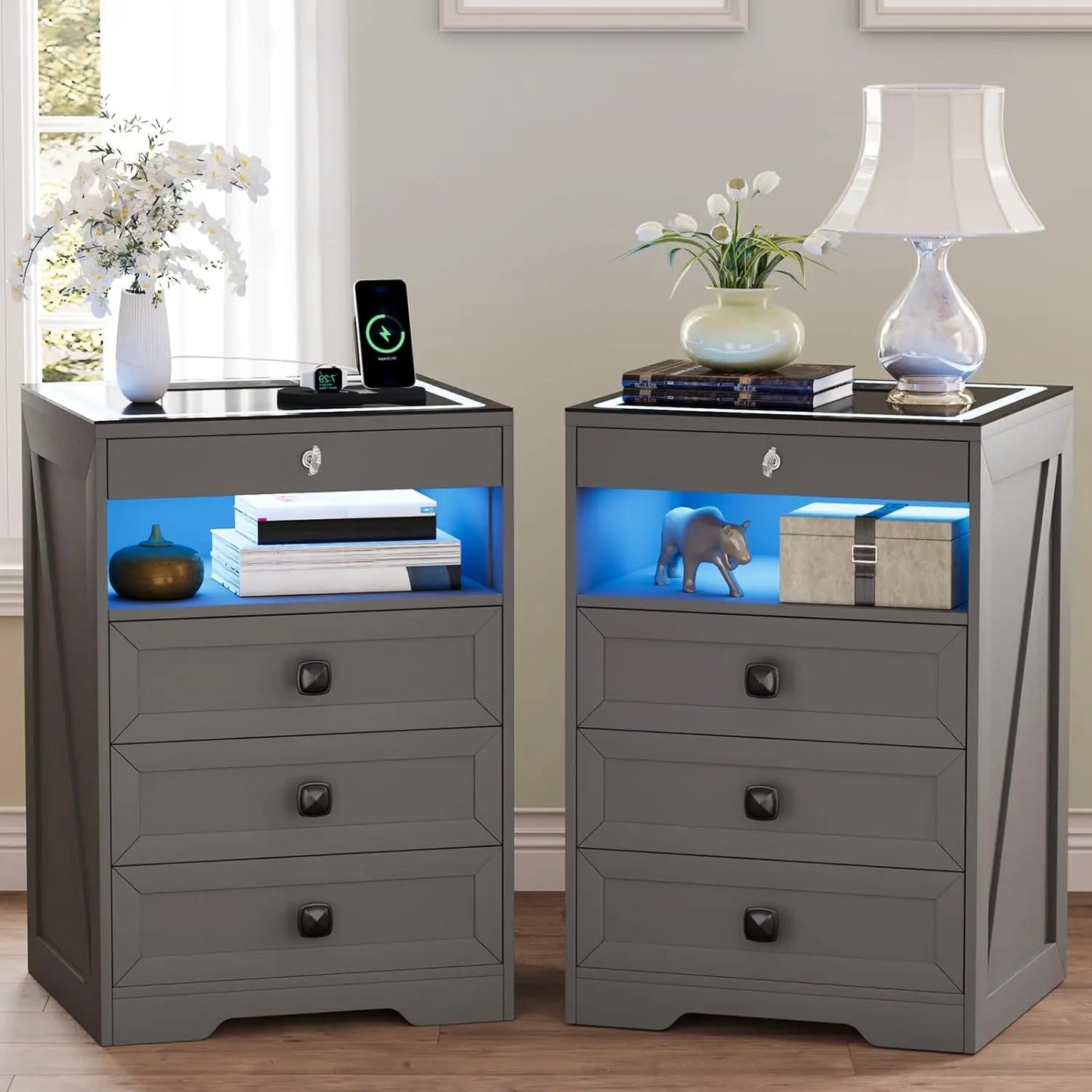 Smart Nightstand with Lockable Gun Drawer,Farmhouse Bedside Table with Charging Station and 3 LED Lights, Modern Night Stand