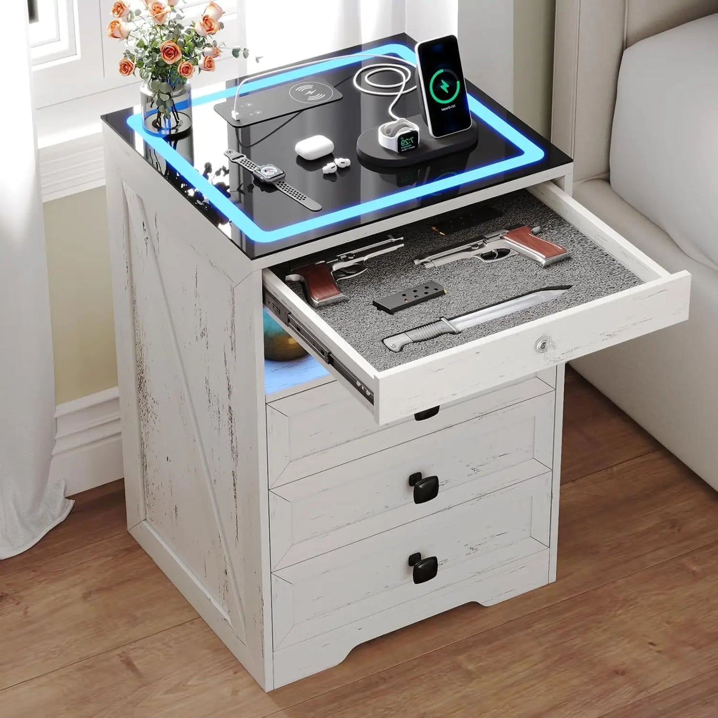 Smart Nightstand with Lockable Gun Drawer,Farmhouse Bedside Table with Charging Station and 3 LED Lights, Modern Night Stand