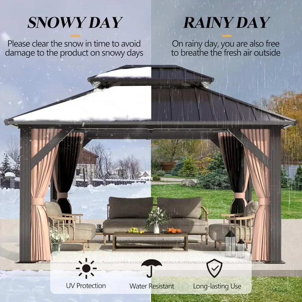 10'x12' Outdoor Hardtop Gazebo with Double Roof - Heavy-Duty Galvanized Steel Top Aluminum Frame Gazebo with Breathable Netting