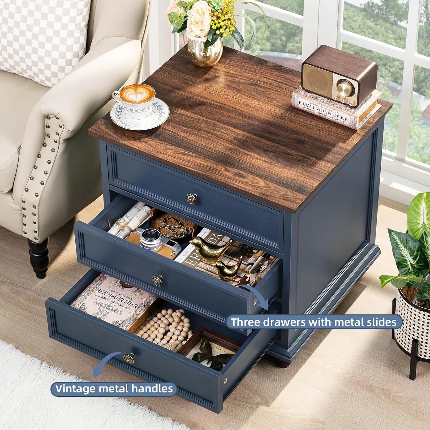 24" Wide Farmhouse Night Stand,Large End Table with 3 Drawers & Metal Handle,Navy Blue Dresser for Bedroom, Wood Bed Side Table