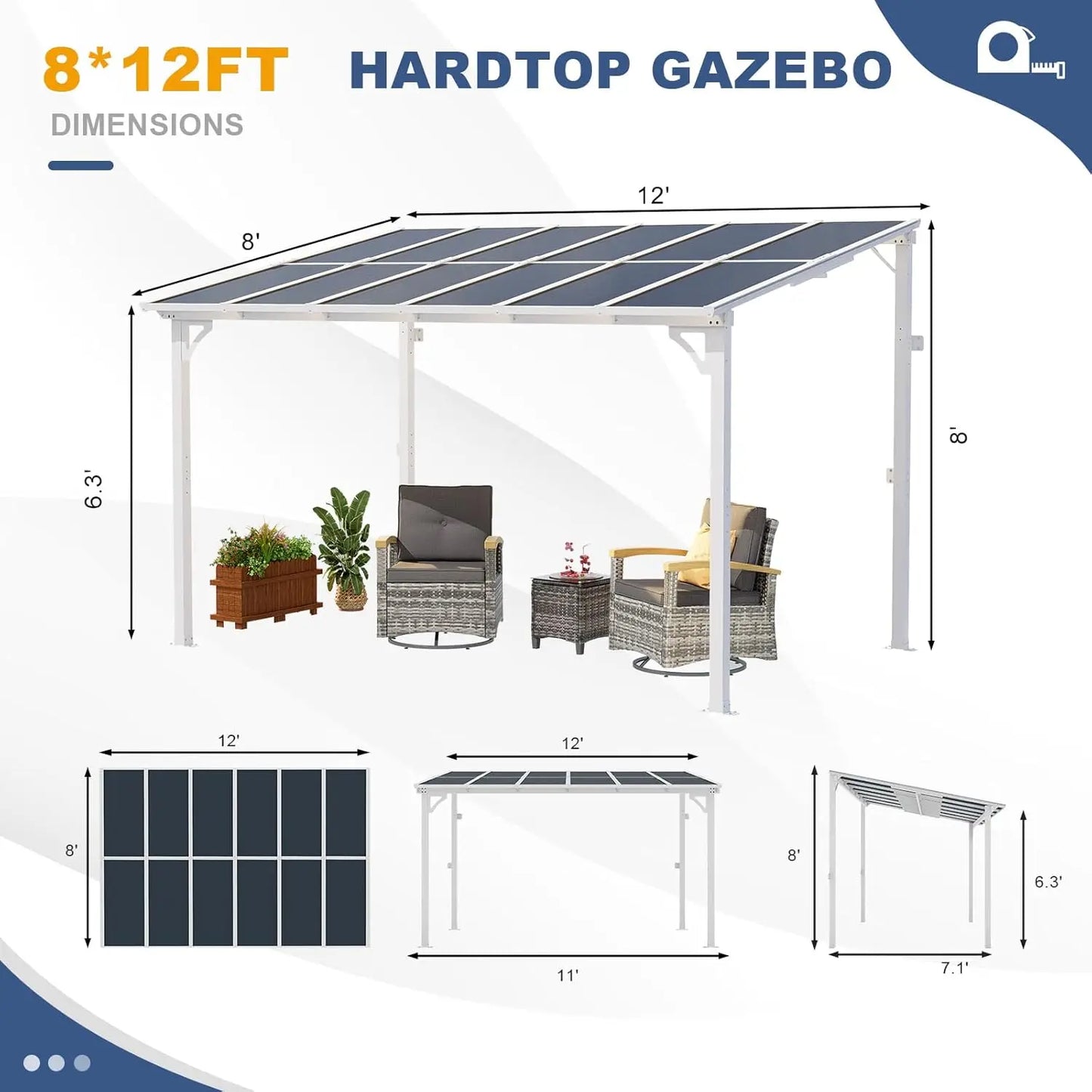 Wall Mounted Lean to Metal Awnings with Sloped Roof, Outdoor Patio Gazebo Awning for Backyard, Deck