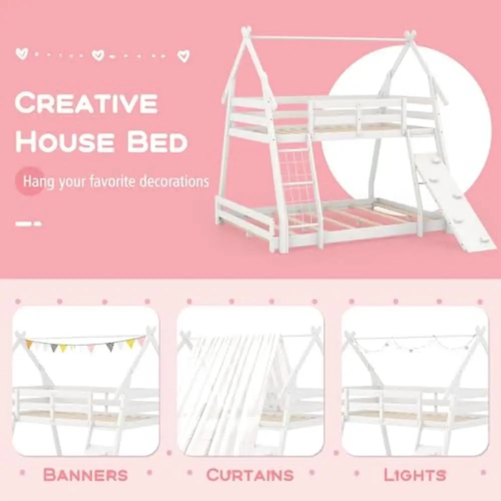 House-Shaped Twin Over Queen Bunk Bed with Climbing Nets and Ramp Creative Design Kids Space-saving Wooden Bed Safety Guardrail