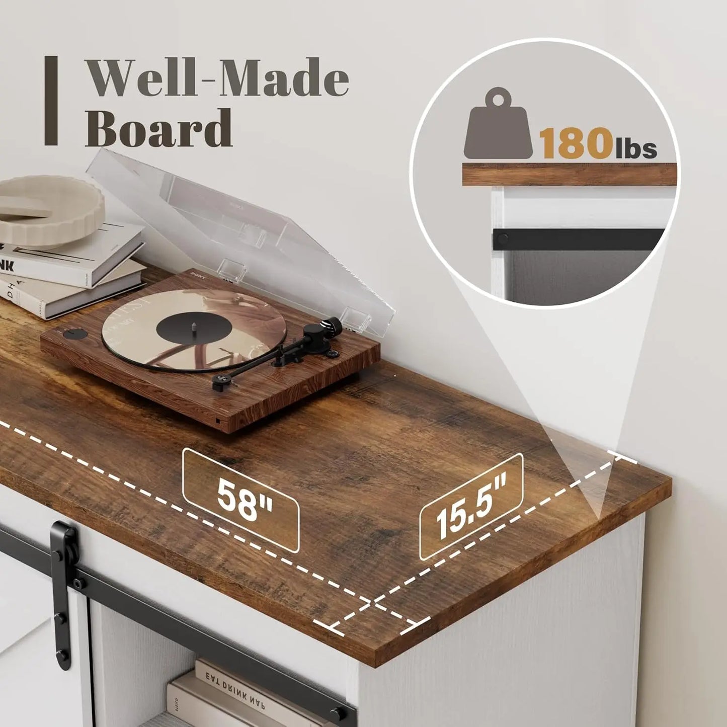 TV Stand for Televisions up to 65 Inchs, with Sliding Barn Doors and 4 Storage Drawers, Console Table and Media Furniture