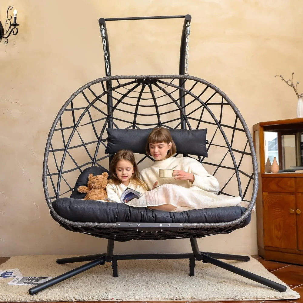 Double Egg Swing Chair with Stand, 2 Person Outdoor Indoor Hammock Hanging Chair with Cushion for Patio Living Room