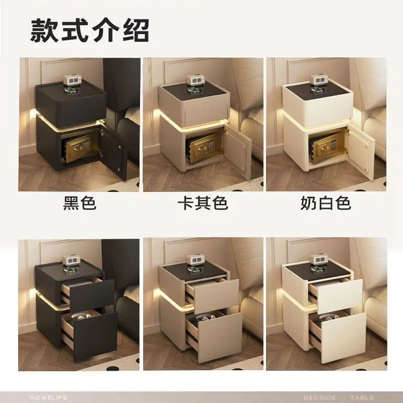 Smart Nightstand with LED Light Wireless Charging Safe or 2 Drawers – Modern Bedside Table Tempered Glass Top No Assembly