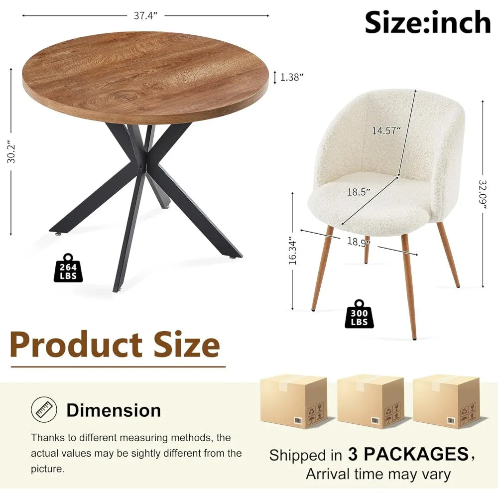 5 Pieces Dining Table Set for 4, 37-Inch Dia Round Home Kitchen Dinner Table with Thick Tabletop, 4 Seated Upholstered Arm Chair