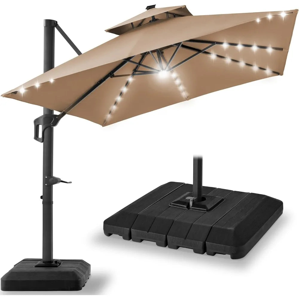 10x10ft Cantilever Patio Umbrella, w/Base Included, Solar LED Lights 360 Rotation Large Offset Hanging Outdoor Shade w/Stand