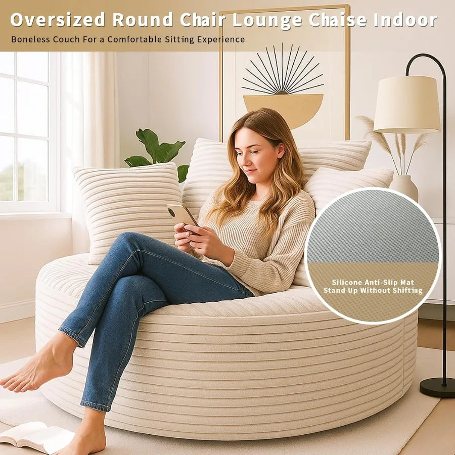 55 Oversized Round Chair Lounge Chaise IndoorCorduroy Circle Chair S Sofa Couch Bed Fluffy Modern S Boneless Sofa for Reading N