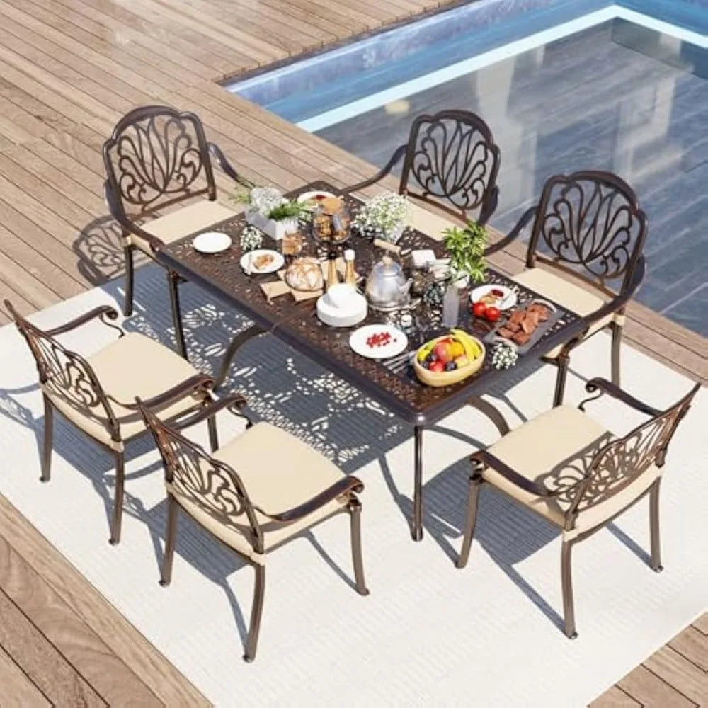 Outdoor Dining Set of 6, Retro Patio Dining Table Set with 6 Chairs, 59” Rectangular Table and Chair Set with Umbrella