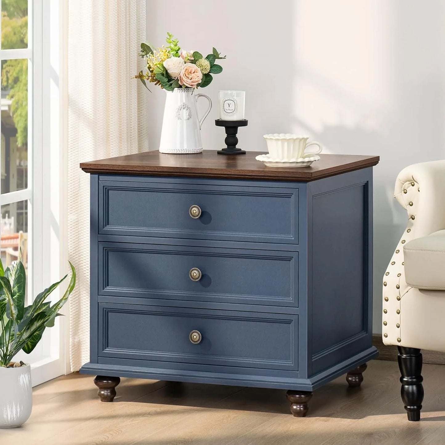 24" Wide Farmhouse Night Stand,Large End Table with 3 Drawers & Metal Handle,Navy Blue Dresser for Bedroom, Wood Bed Side Table
