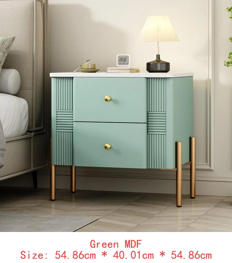 Modern Nightstand with 2 Storage Drawers, Fluted Side Table with Gold Handles and Legs, End Table for Living Room and Bedroom,