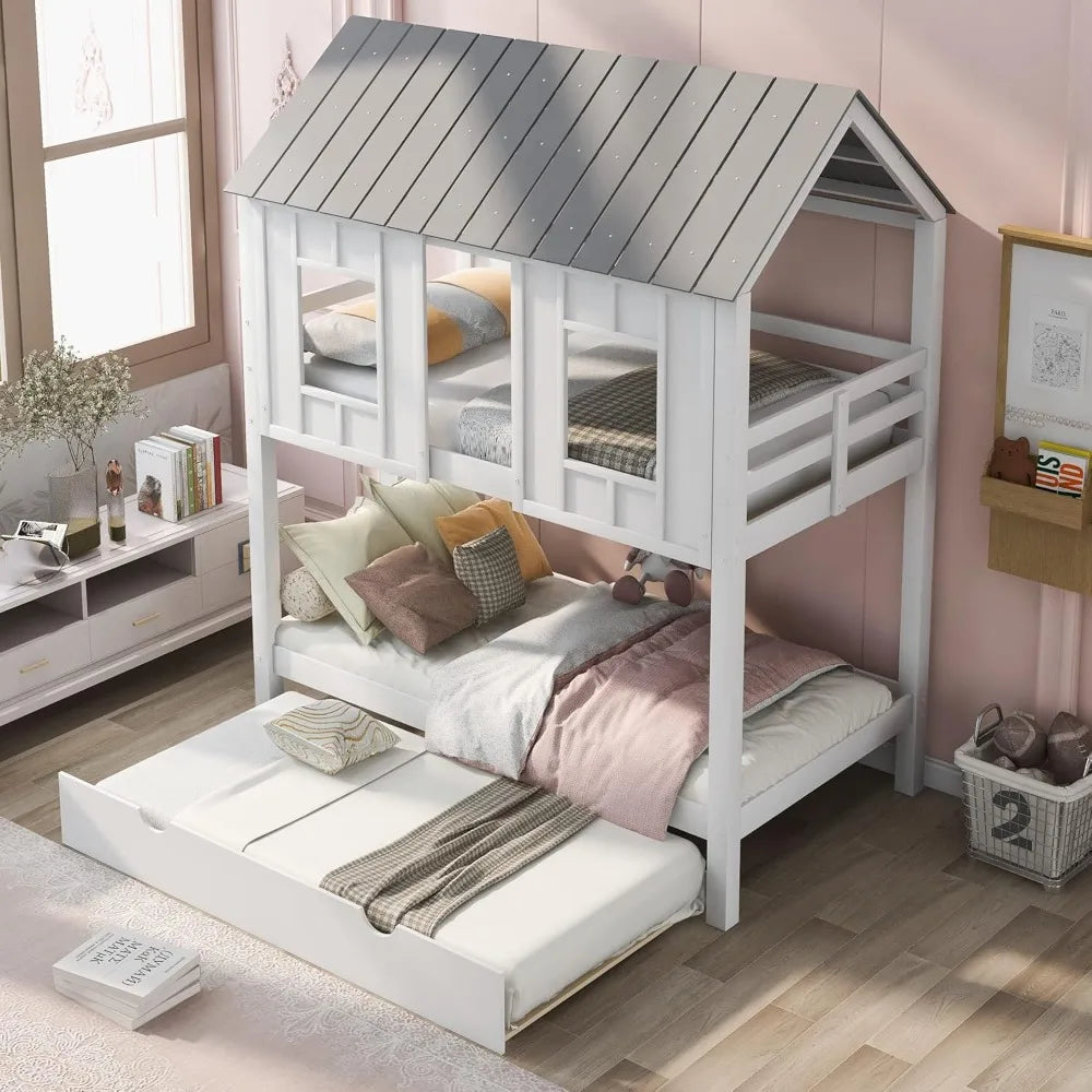 Designs House Bunk Bed for Kids, Twin Over Twin Bunk Bed with Trundle, Kids Playhouse Bunk Beds for Girls & Boys No Box Spring