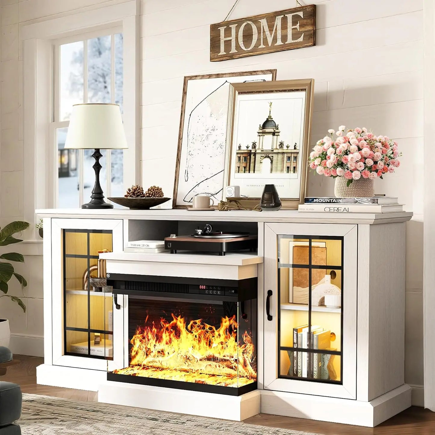 70'' Fireplace TV Stand, Farmhouse Entertainment Center with 3 Sided Glass TV Stand, Modern Media Console Table with Storage