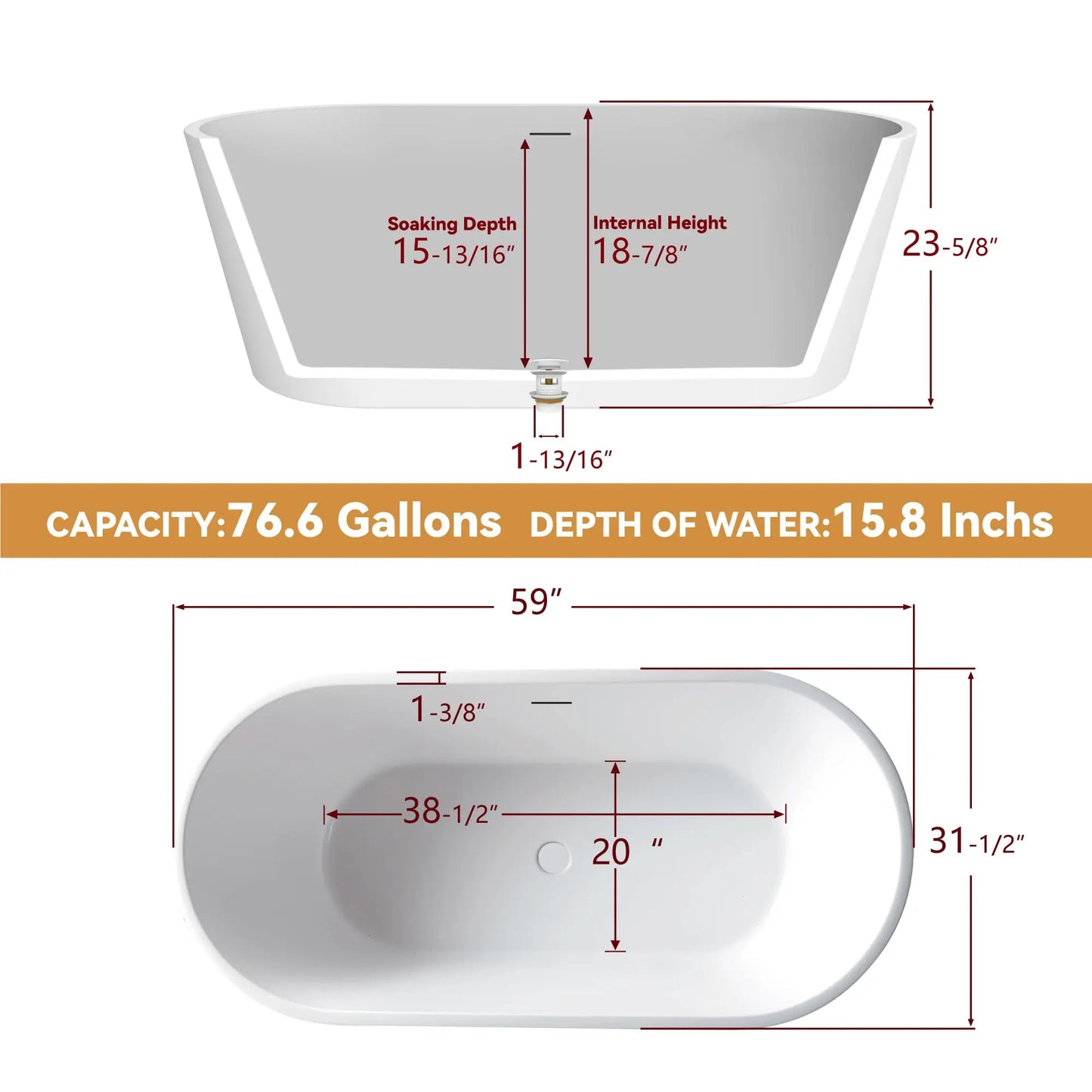 67" Acrylic Freestanding Bathtub, Soaking Tub for Bathroom, Stand Alone Tub, cUPC Certified, Integrated Overflow and Drain