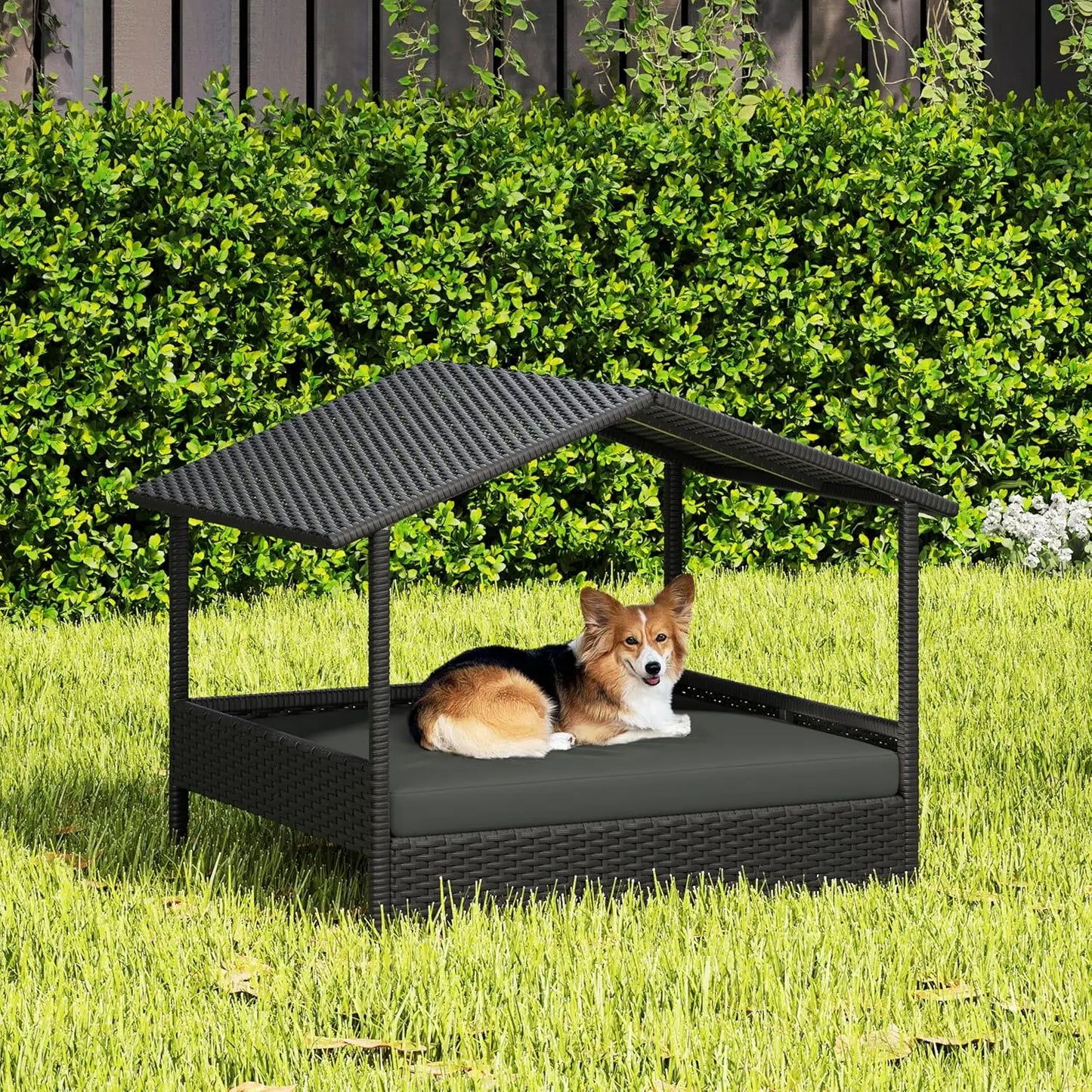 Wicker Dog House Outdoor Indoor with Canopy,Elevated Dog Shelter Dog Bed with Cushion for Small/Medium Dogs,Shade for Deck,Patio